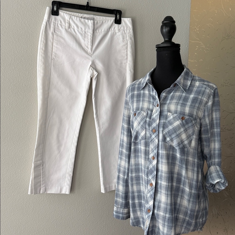 To the Max White Cropped Stretch Capris with Calvin Klein plaid shirt